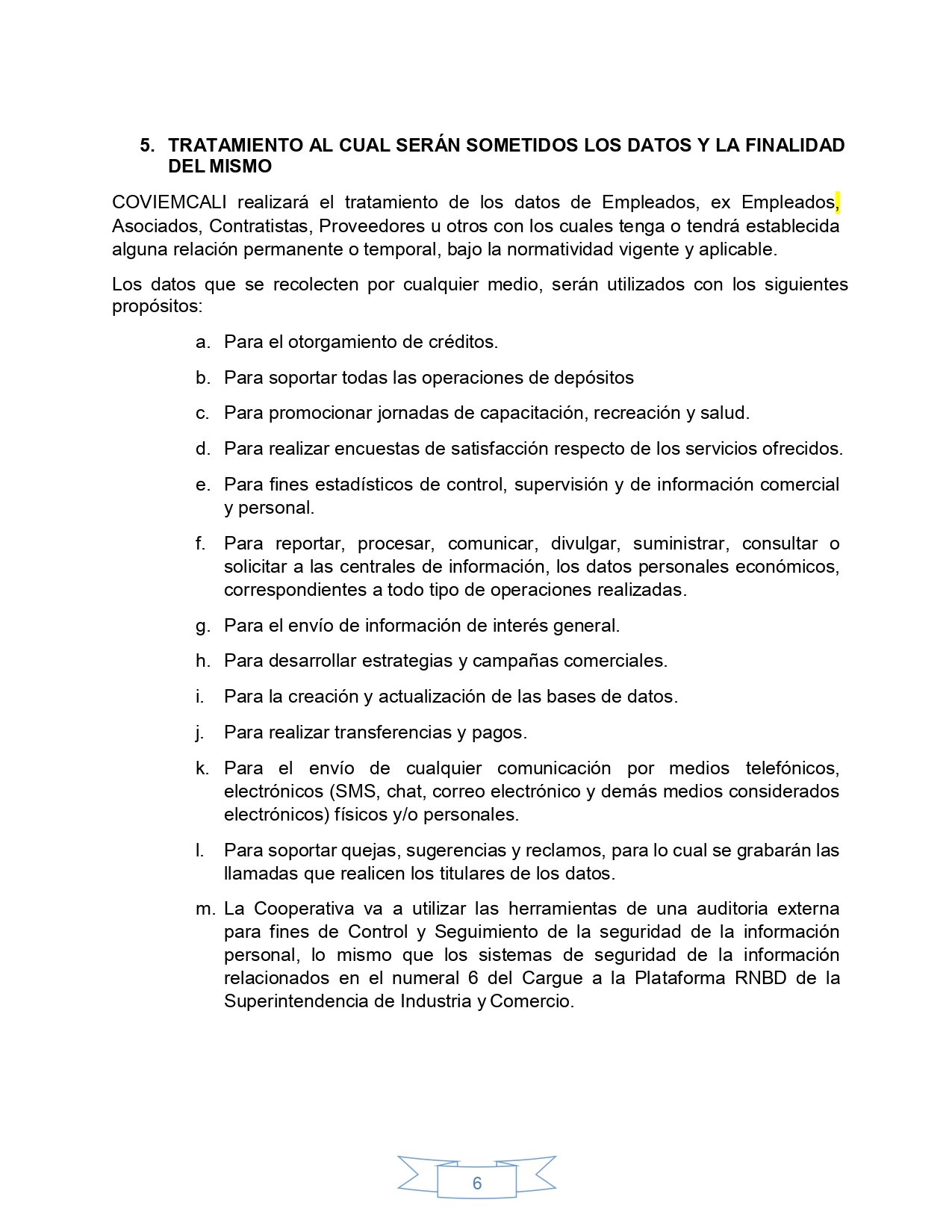 Política de tratamiento de datos personales, página 6