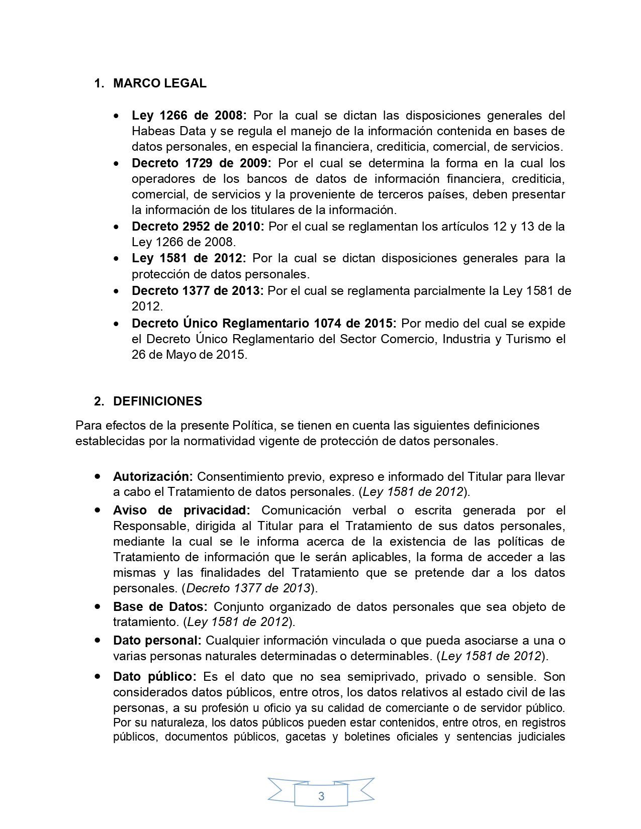 Política de tratamiento de datos personales, página 3