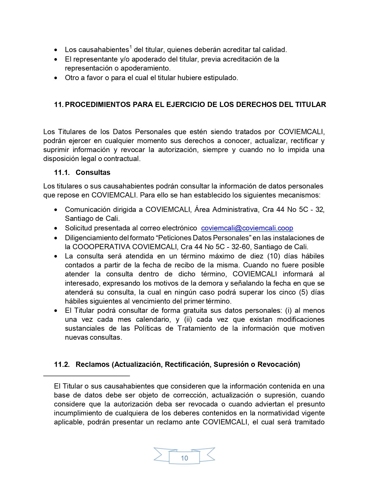 Política de tratamiento de datos personales, página 10