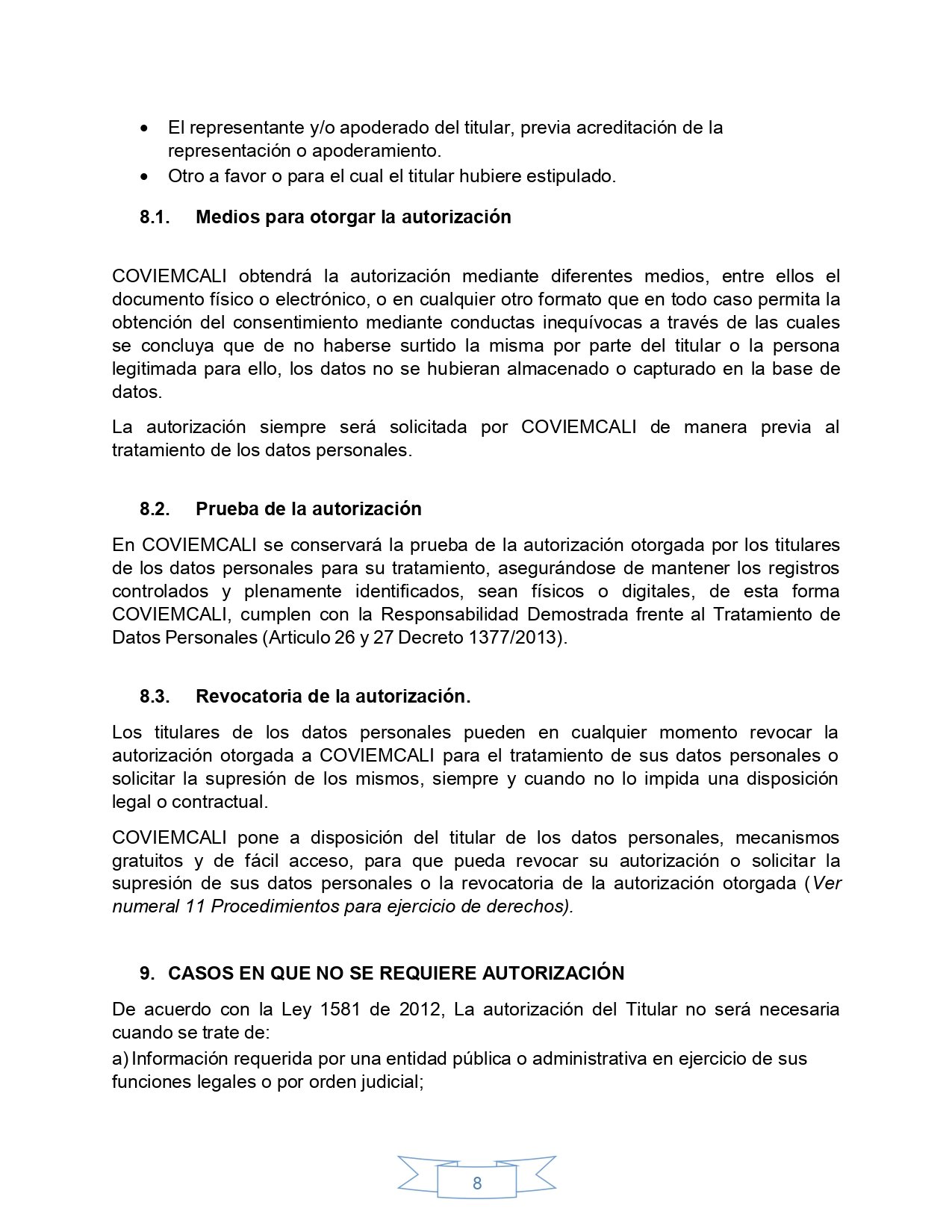 Política de tratamiento de datos personales, página 8