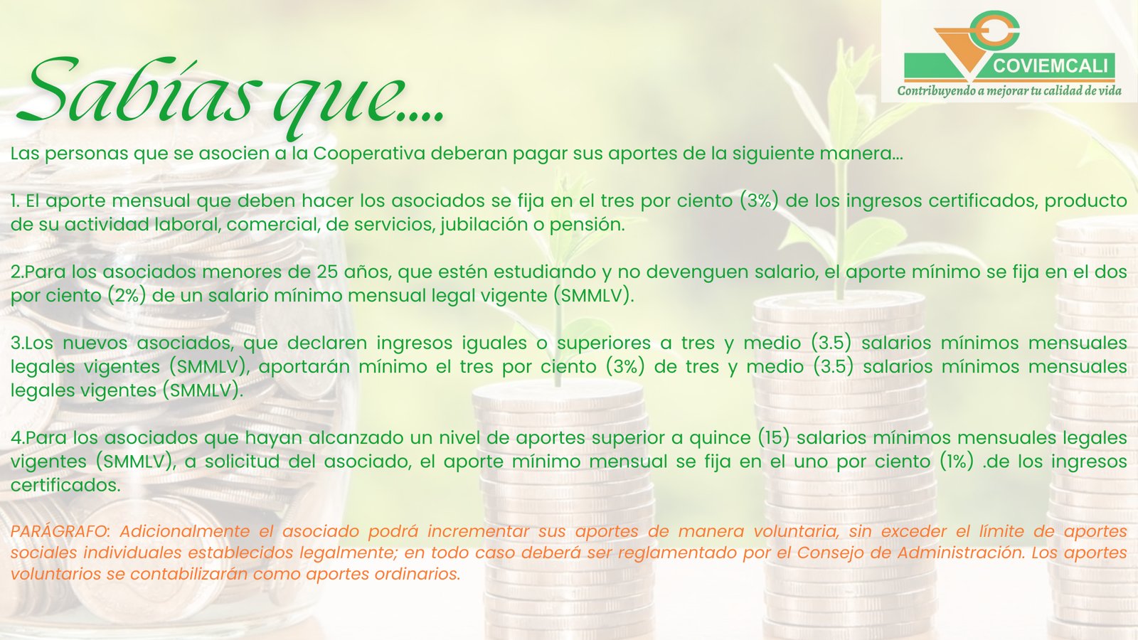 Información sobre aportes y vinculación a COVIEMCALI